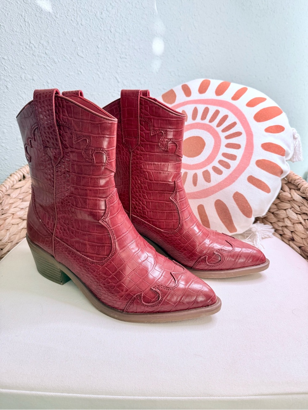 MIA Red Croc-Embossed Western Ankle Booties